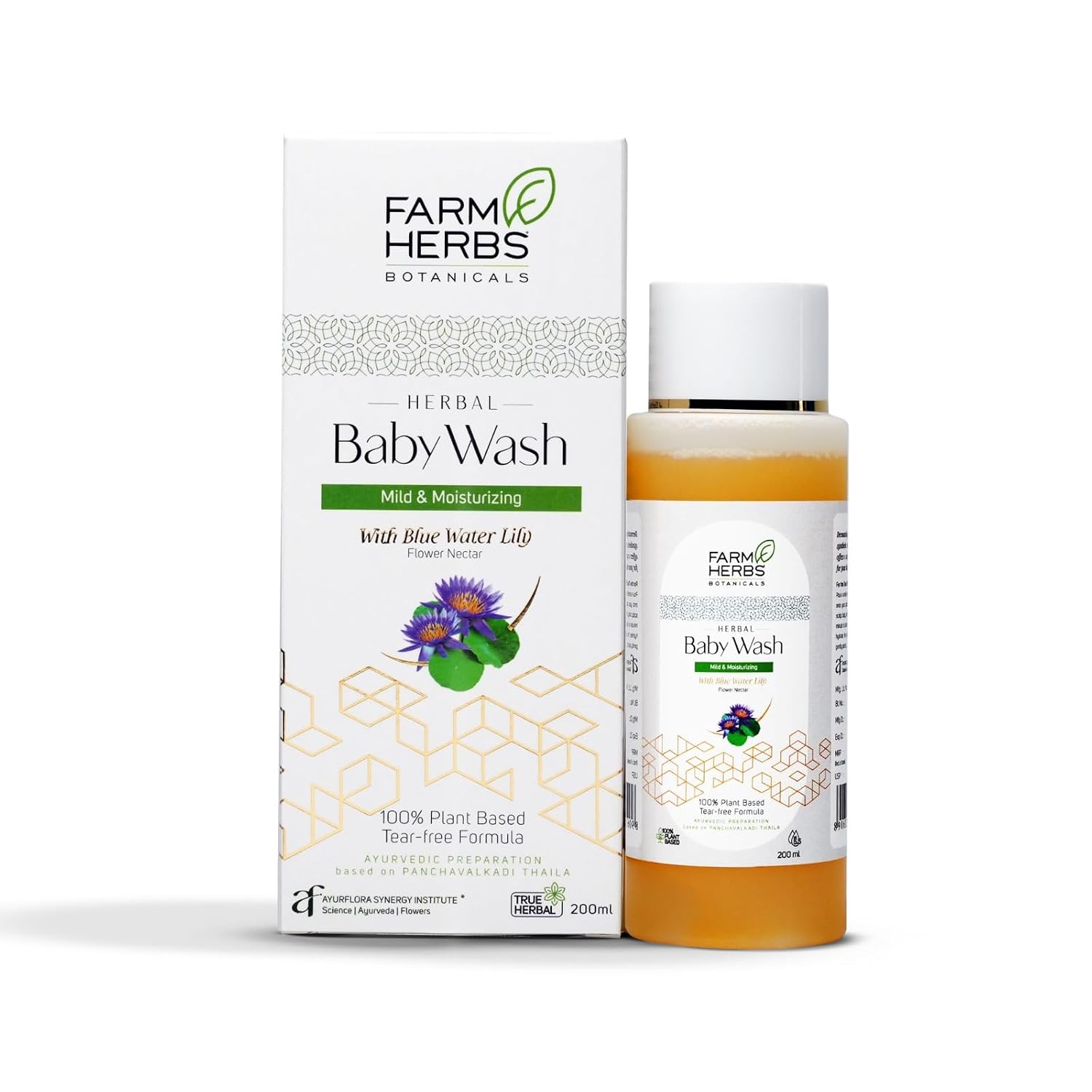 Farmherbs 100% Herbal Plant-Based Gentle Baby Wash for Newborns & Babies, Tear-Free Mild & Moisturizing Formula, pH 5.5 Balanced, Based on Panchavalkadi Thaila, with Blue Water Lily, Botanical Hyaluronic Acid & Natural Vitamin E, No Synthetic Chemicals – 200 ml