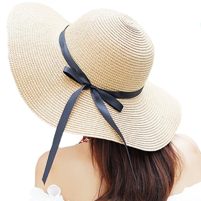 Women’s Big Brim Sun Hat – Floppy Foldable Straw Hat with Bowknot for Summer Beach Cream