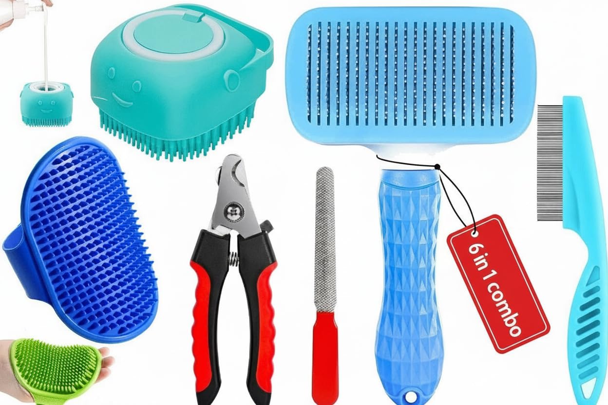 6 in 1 Pet Grooming Kit for Dog and Cat with Shedding Brush Nail Clipper Bath Brush Flea Comb and Complete Grooming Tools Set for Home Pet Hair Care Fur Cleaning and Professional Daily Pet Grooming Use