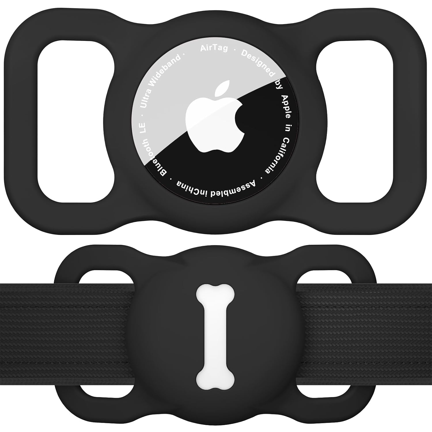 Tobfit AirTag Holder Case for Dog Collar, Pet Loop Cover for Apple Air Tag GPS Tracking Finder, Silicone Air Tags Protective Cover with Bone Pattern Hollow Out Pet Accessories – Black