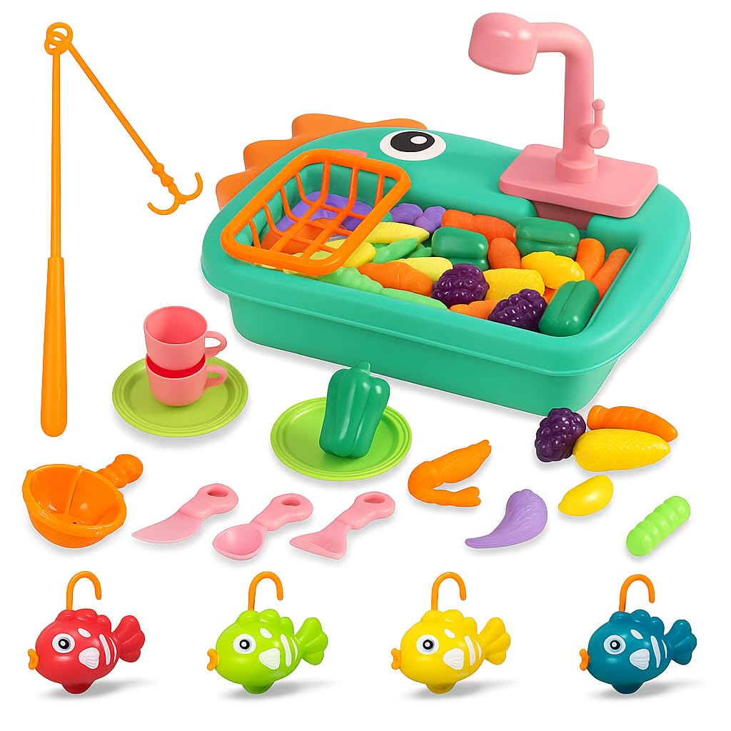 2 in 1 Children’s Electric Dinosaur Sink Toy Recycling Water Fishing Dishwasher Kitchen Play Set with Accessories for Kids Aged Above 3+ Years (Random Colour)