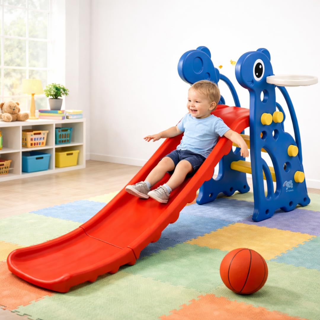 Storio Kids Slide with Basketball Hoop Giraffe Themed Indoor & Outdoor Slide for Kids Ages 2-4 | RED & Blue | Safe, Sturdy & Fun Playset | Easy Assembly Toddler Slide for Boys & Girls