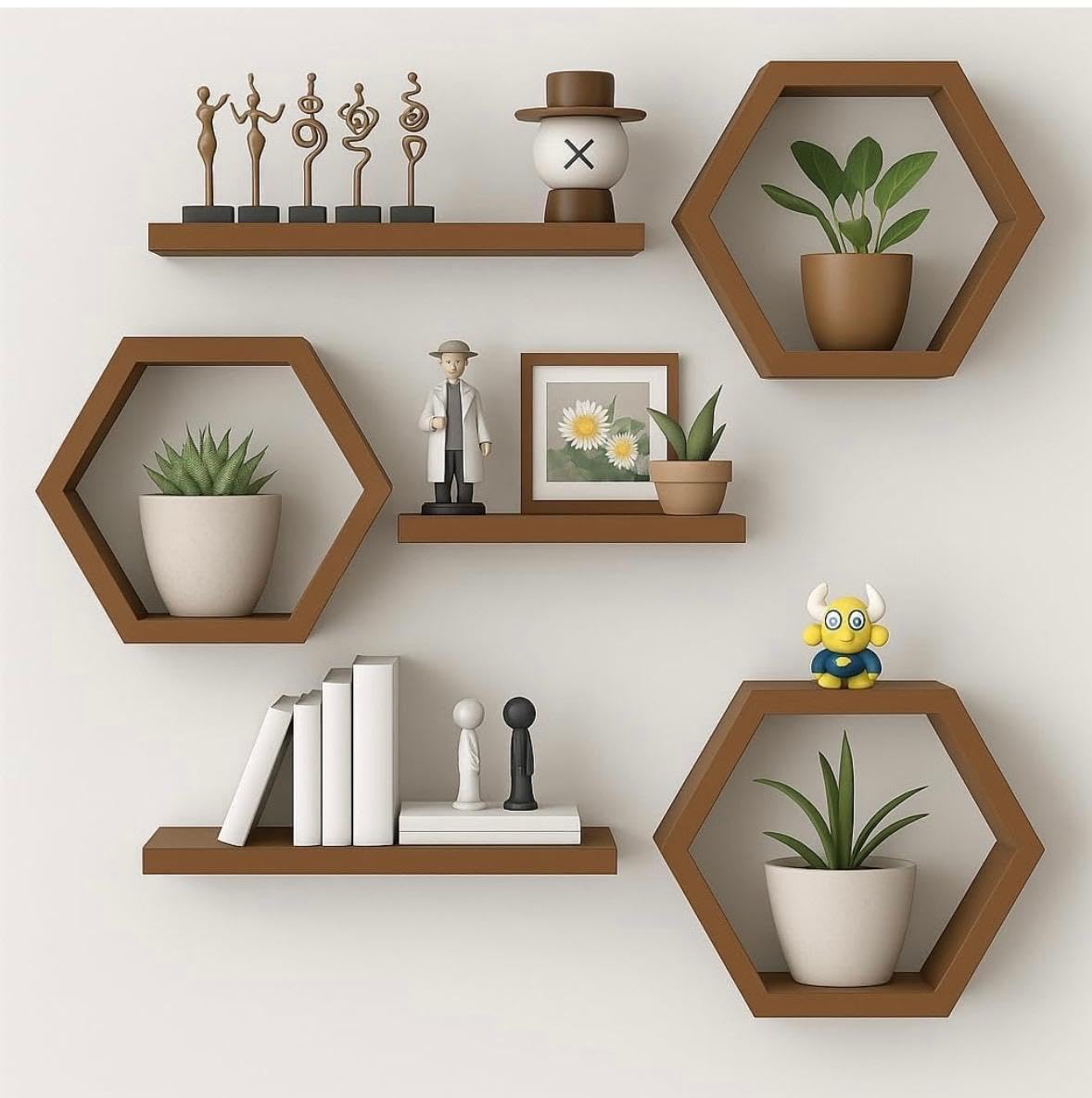 Hexagon Wall Shelves Set of 6 | Wooden Floating Wall Shelf for Home Decor | Honeycomb Design Wall Rack for Living Room, Bedroom & Office (Brown)
