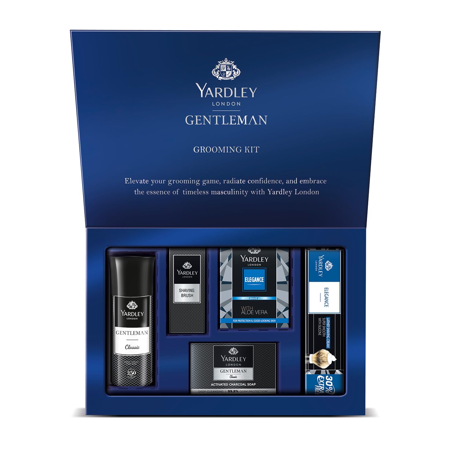 Yardley London Gentleman Luxury Grooming Kit For Men With Classic Activated Charcoal Soap, Elegance Lather Shaving Cream, After Shave Lotion, Shaving Brush, And Classic Body Deodorant Spray | Gentleman