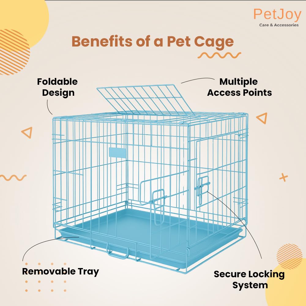 PETJOY Foldable Metal Dog Cage | 18 Inch Dog Crate Kennel for Puppies, Small Dogs, Cats & Rabbits | Single Door with Secure Lock, Removable Leak-Proof Tray | Portable & Easy to Clean Pet Cage (Blue)