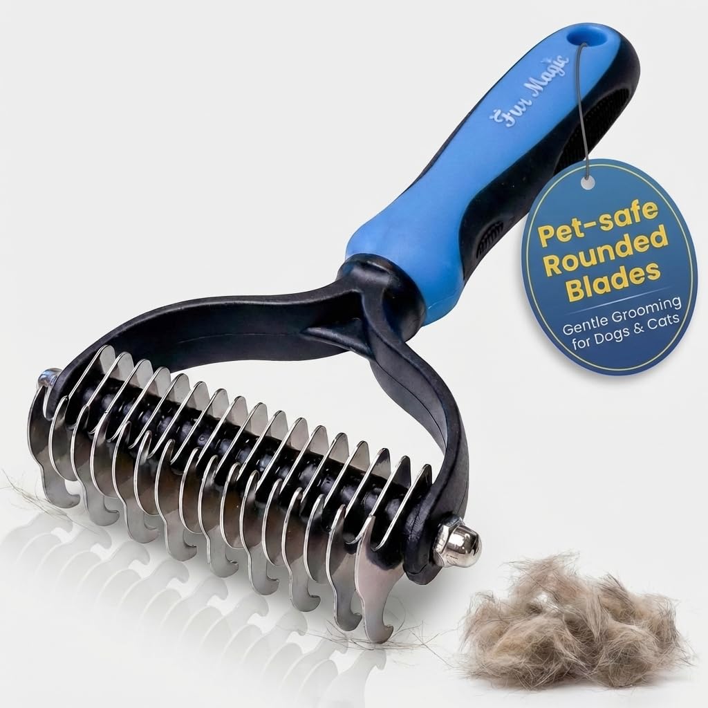 Fur Magic Dematting Comb for Dogs – Pet Deshedding Tool for Removing Loose Undercoat, Knots, Mats – Dual Sided Dog Combs for Grooming with Ergonomic Non-Slip Handle – Gentle Tool