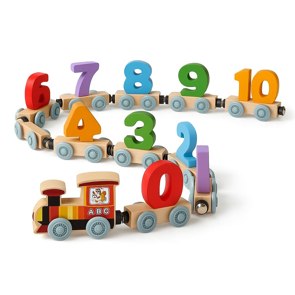 TOYSHARK Wooden Magnetic Number Train Set -12 PCS with 1 Engine Car for Toddlers Wooden Number Train Set for Toddlers – Educational Montessori Toy for Kids, Gifts for Boys & Girls