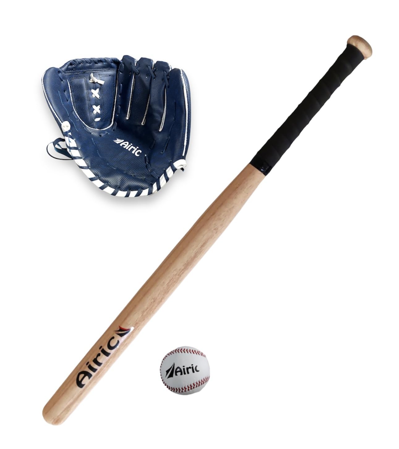 Airic Wooden Basebat with Ball and Premium Gloves Baseball Kit (Natural)