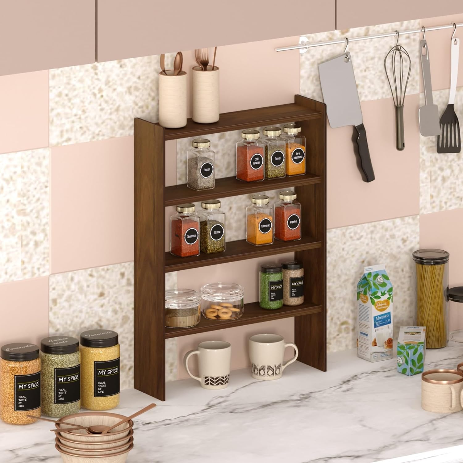 BLUEWUD Yobeo 4 Tier Engineering Wood Spice Masala Rack Shelf Stand Organizer/Spice Bottle Display Rack & Cup Stand for Home & Kitchen, DIY (Do it Yourself), (Brown Maple, 36.1 X 10 X 50 Cm)