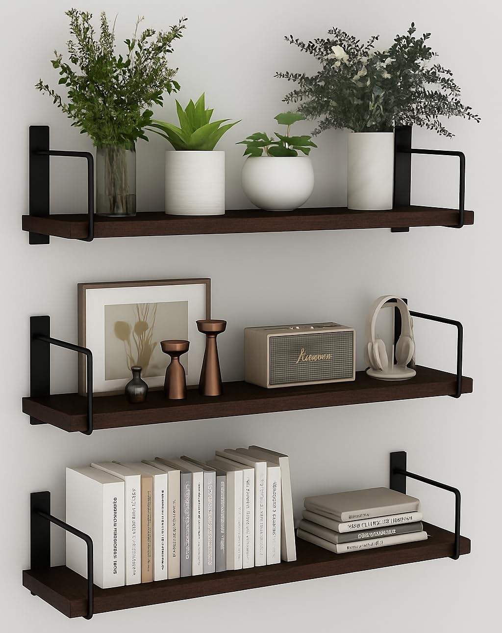 FireBees Wooden Wall Shelf for Books | Wall Mounted Bookshelf for Living Room & Bedroom | Floating Wall Bookshelf | Book Shelf Wooden Wall Mounted | Decorative Wall Shelf Rack (Brown, 20X6X6, 3)