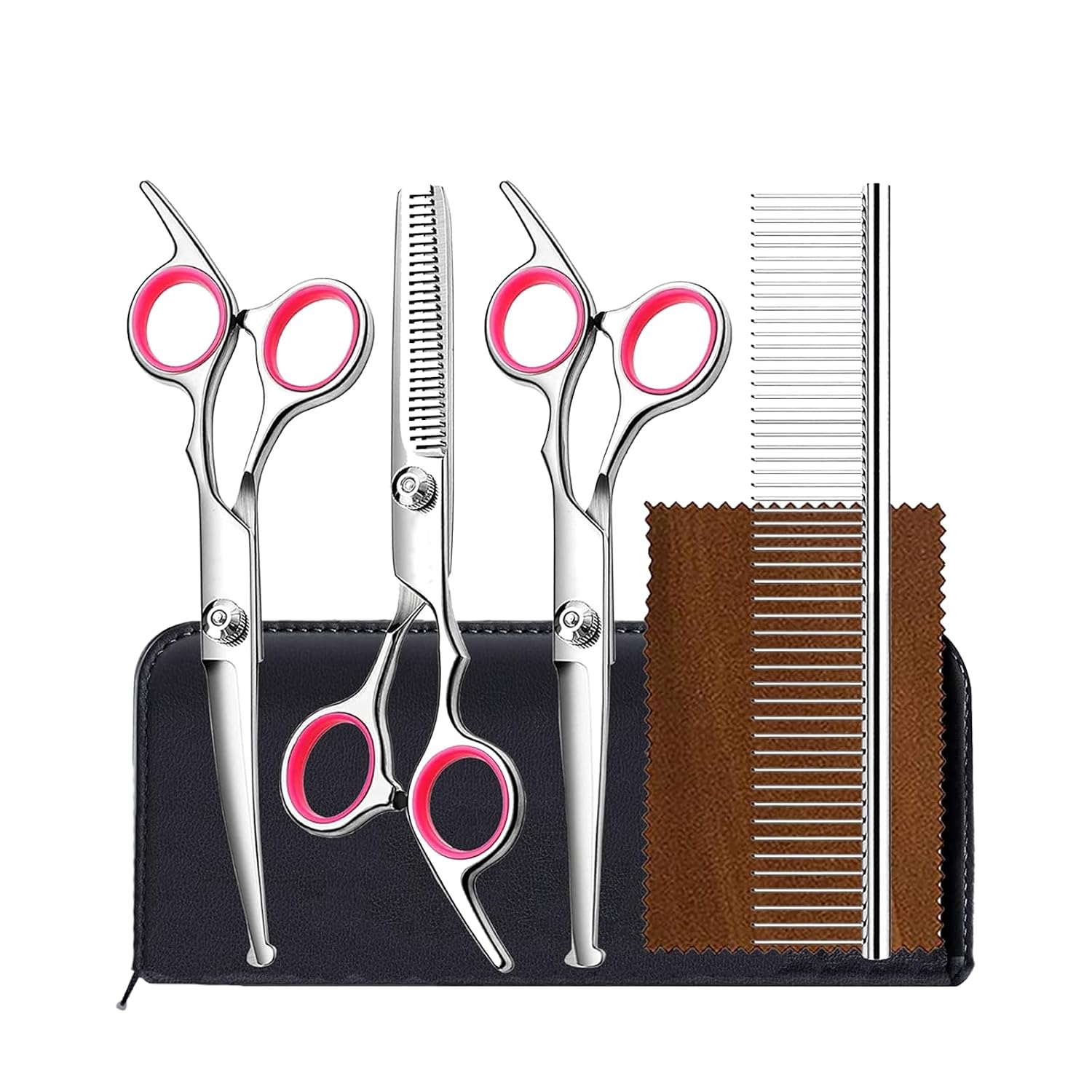 Dog Grooming Shears Set – Stainless Steel Professional Kit – Thinning, Straight, and Curved Shears – Grooming Comb – Cleaning Cloth – Leather Case – Rounded Safety Edges – 4 Pcs
