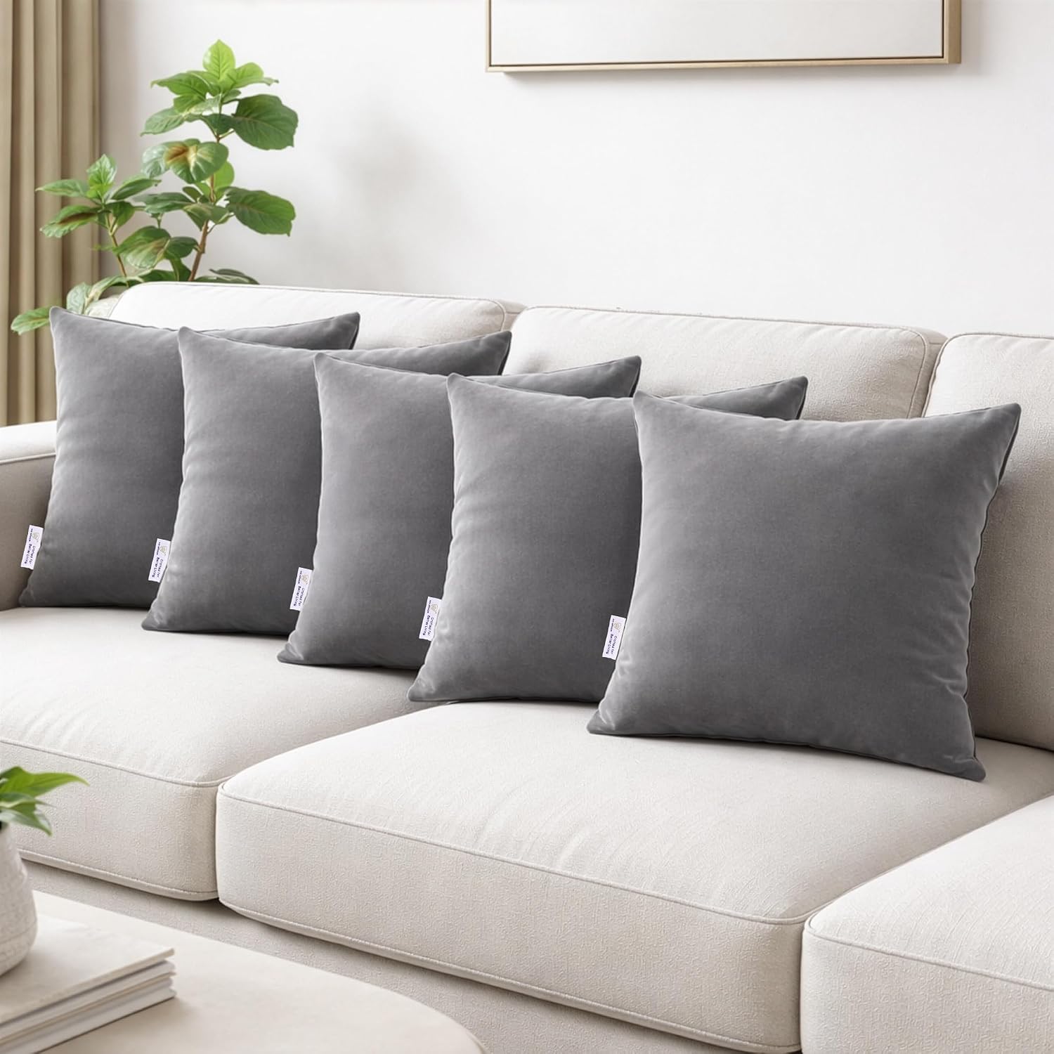 MY ARMOR Microfibre Cushion for Sofa | Set of 5 Soft & Fluffy Square Sofa Cushions | Decorative Sofa Pillows for Bed, Chair, Car & Living Room | Velvet Cover | Grey | 16 x 16 Inch