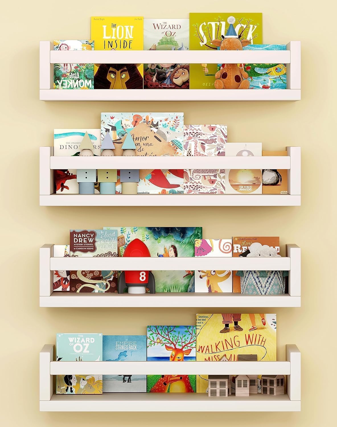Engineered Wood Wall Mounted Floating Bookshelf – 24 Inches, Set of 4 | Nursery Book Shelves for Kids Room | Kitchen Spice Rack & Storage Shelf (White)