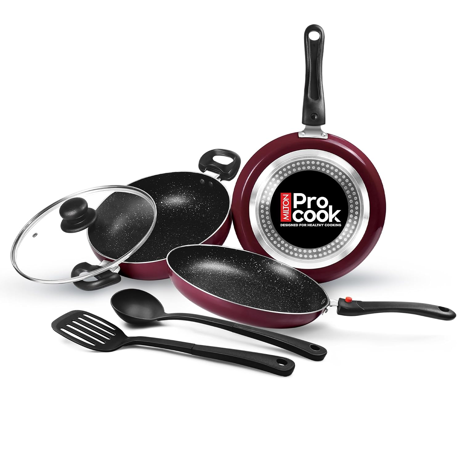 Milton Pro Cook Induction Cookware & Gas Stove Friendly Kitchen Jewel Set | 5 Pc Non-Stick Cookware Set | Kadhai with Lid, Fry Pan, Tawa, Laddle & Spatula | Durable 5-Layer Non Stick Coating | Peach