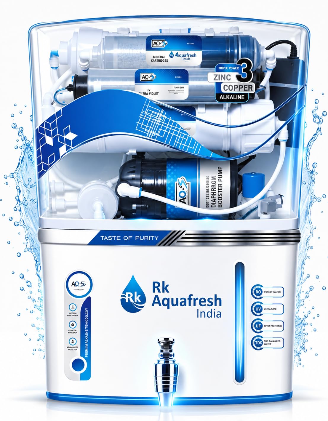 Aqua Z Pure Ro water Purifier RO+UV+COPPER+ZINC 10 Stages Purification. Advance MTDS and HTDS Membrane, Suitable for all type water with 1 Year Warranty