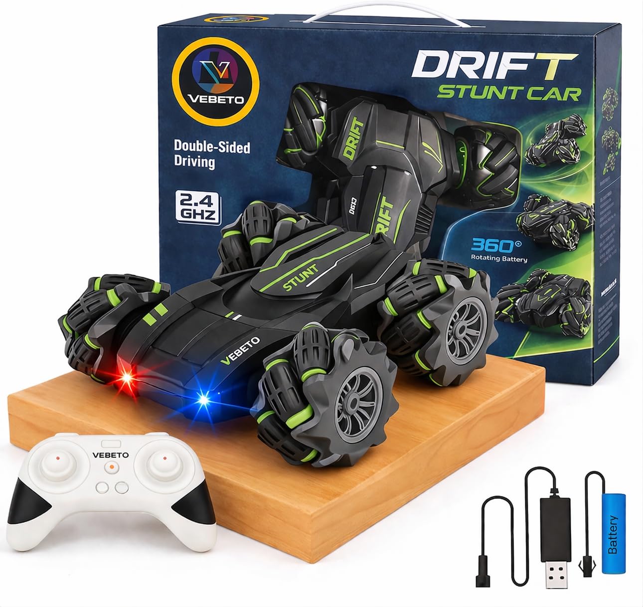 VEBETO Remote Control Drift Stunt Car Toy | 1 Year Warranty | 4×4 RC Car for Kids & Adult | High Speed Racing Car | Omni-Directional Wheels | 360° Rotation | Double Sided Driving | RGB Lights Music