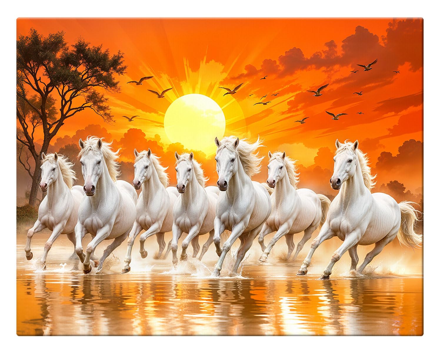 ArtX Canvas Big Size 7 Horses Vastu Frame Wall Art Painting, White Running Horses On Water Painting Vastu Rising Sun Wall Decor, Multicolor, Nature, 58.0 X 45.0 cm, Set of 1