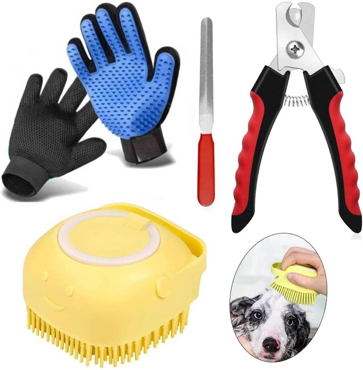 Pet Grooming Kit with Bath Brush, Nail Cutter and Deshedding Glove, Pack of 4