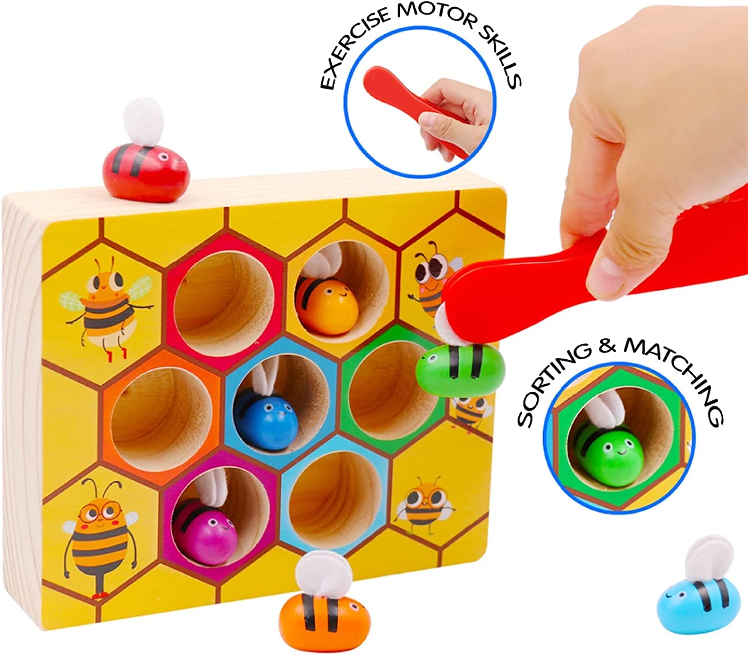HAPPY HUES® Sorting & Stacking Toy- Skills Enhancement Motor Skill Toys for Toddlers/Kid -Magnetic- Capture The Worms Toys | Early Educational-Montessori Toy (Beehive)
