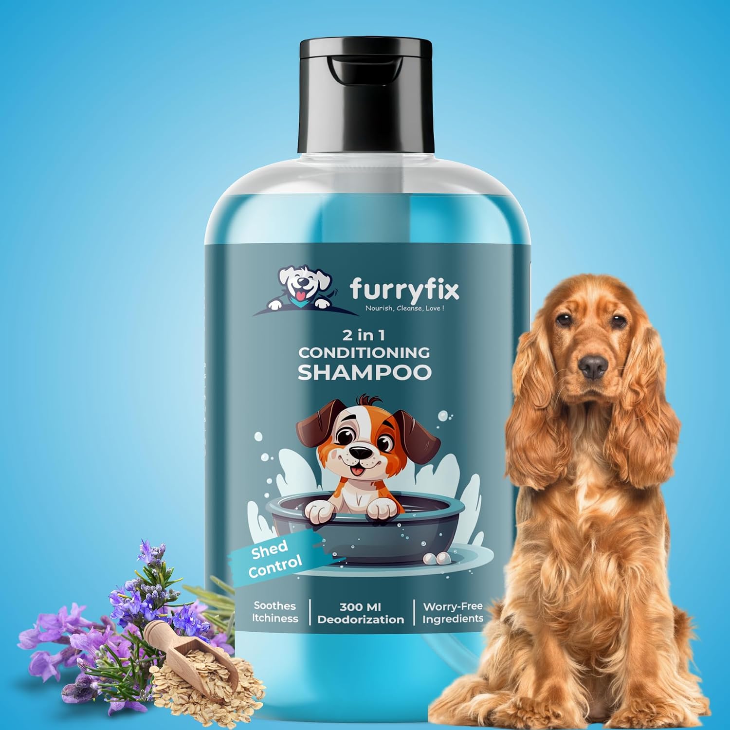 Natural Shed Control 2 in 1 Conditioner Shampoo for Dogs and Cats 300 ml, Moisturizing, Anti-Hair Fall Shampoo for Dogs & Cats, SLS Free, Paraben Free, Lavender Fragrance