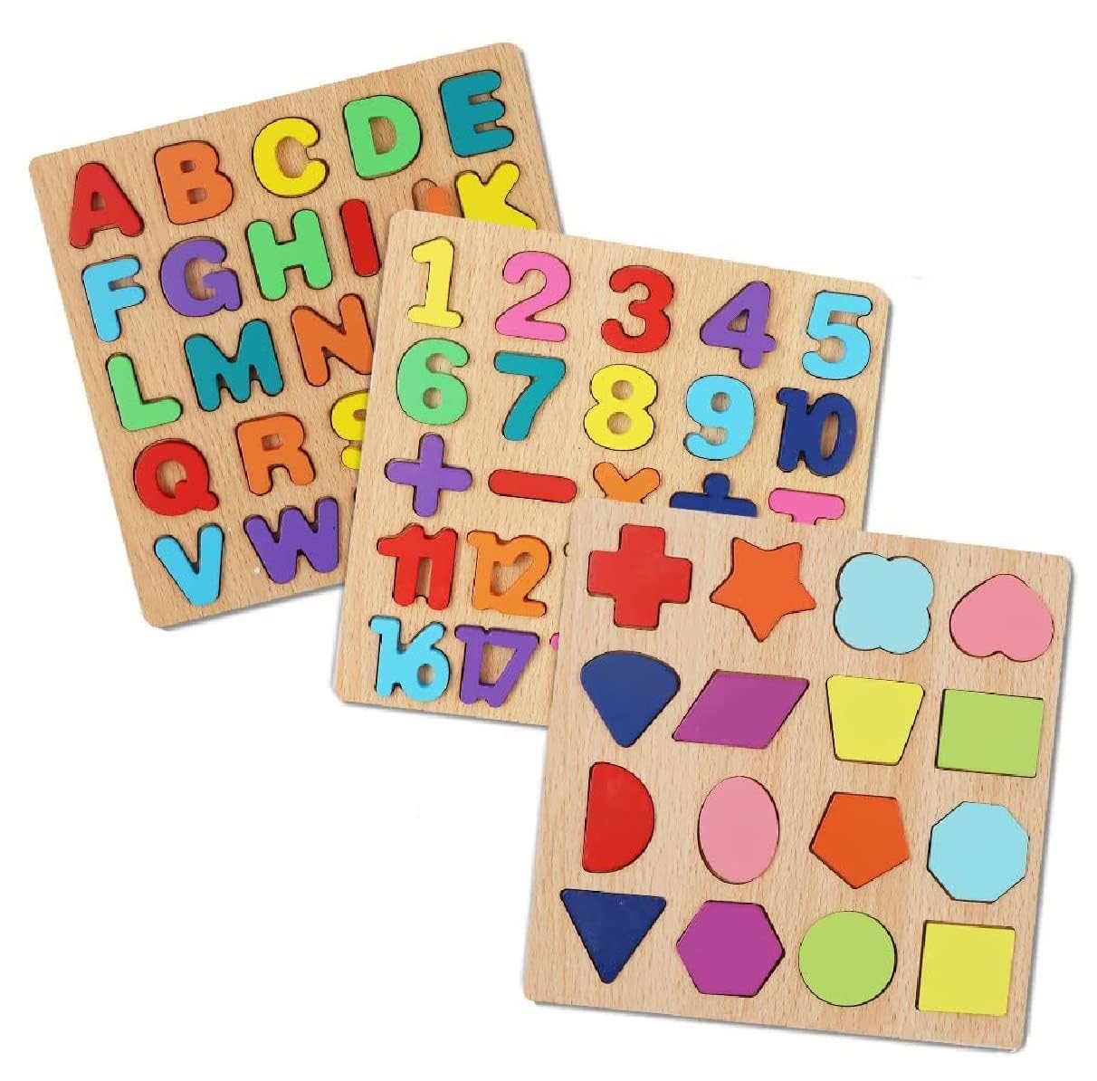 Force24 – Wooden Learning Educational Game Board for Kids, Puzzle Toys for 2 Years Old Boys & Girls (ABC, Numbers & Shapes)