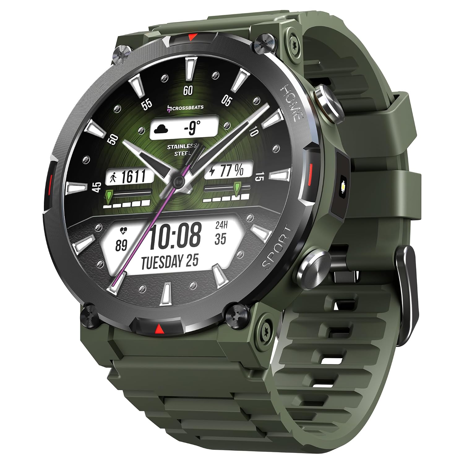 CrossBeats Everest 2.0-2026 Smart Watch for Men 1.43″ True AMOLED, Always ON Display Bluetooth Calling Rugged Outdoor Military Grade Certified Upto 15 Days Battery Life Smartwatch (Camo Green)
