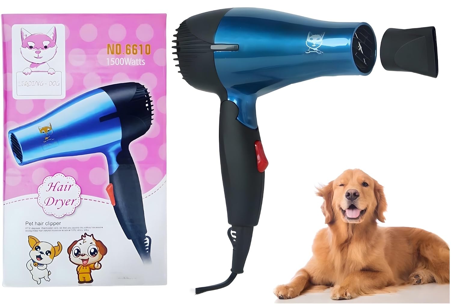 Foldable Pet Grooming Hair Dryer & Blower | Fast Drying for Wet Dog & Cat Fur, 2 Heat Settings with Attachment & Plug