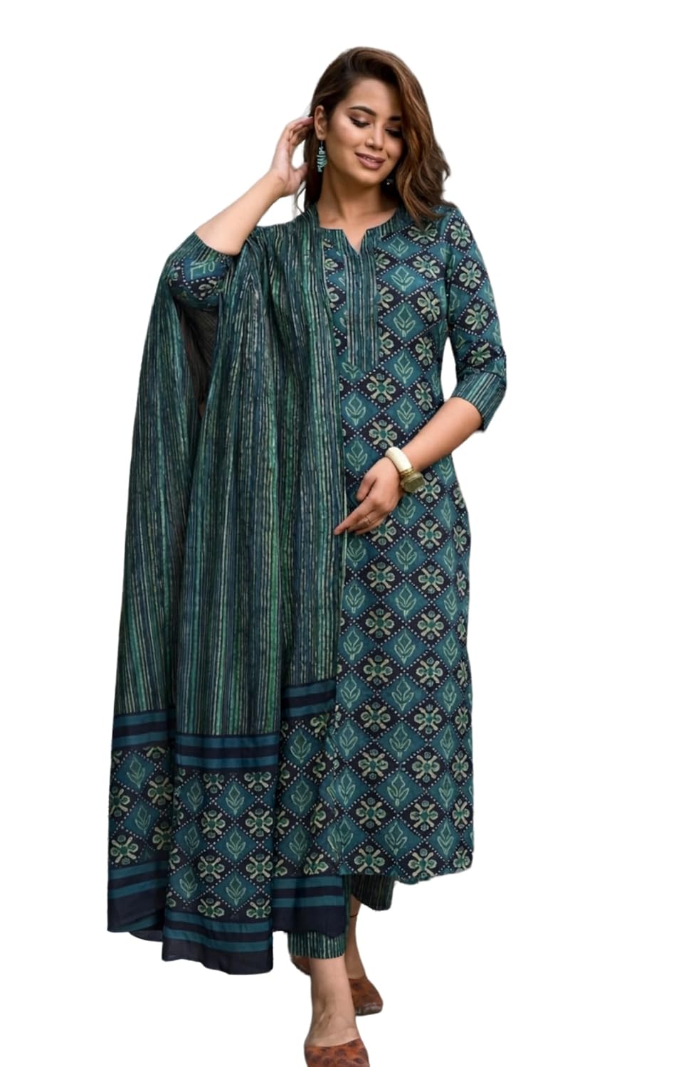 Women Printed Cotton Kurta Pant Set with Dupatta | Straight Kurta Set for Women | Ethnic Wear Suit Set | 3/4 Sleeve | Teal Green