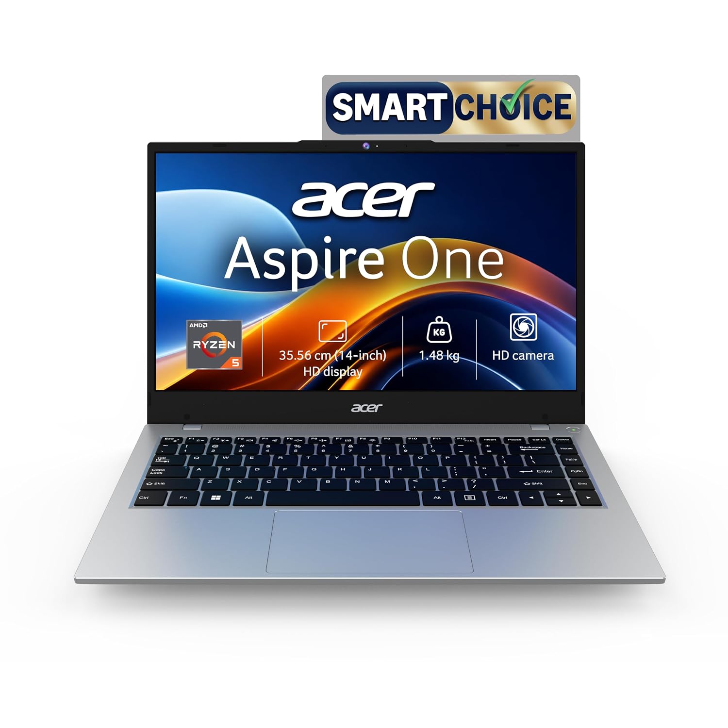 Acer Smartchoice Aspire One, AMD Ryzen 5-40, 8GB LPDDR5 RAM/ 256GB SSD, 14.0″/35.56cm WXGA Display, Win 11 Home, Pure Silver, 1.48KG, A114-43, Thin and Light Laptop