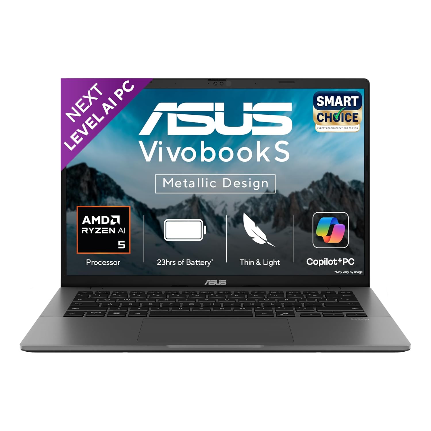 ASUS Vivobook S14,Smartchoice,AMD Ryzen AI 5 330,16GB RAM,512GB SSD,OLED,14″,Win11,Office24,M365 Basic (1Yr),Matte Gray,1.4Kg,M3407KA-SF044WS,50 Tops,Metallic Design Laptop,Next-Gen AI Laptop,Copilot+