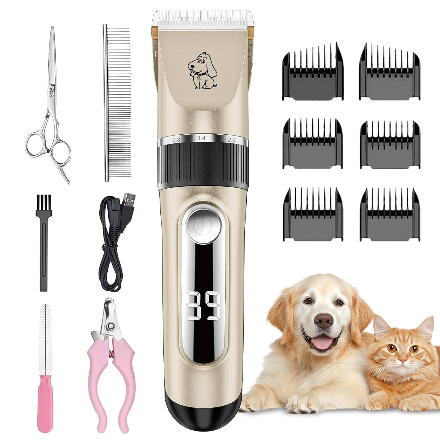 'NWOUIIAY Pet hair trimmer GUDDIES professional pet electric clipper set wireless rechargeable cat and dog shaver IPX7 waterproof full body washing with 6 guide combs
