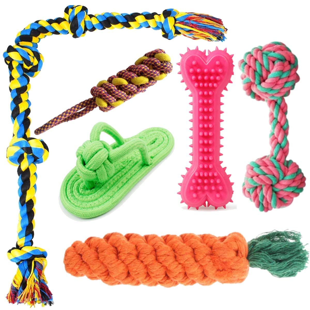 Dog Trust Dog Rope Toys + Tug of War Rope Toys + Twisted Rope Chew Set + Pet Ftech & Play Set + Chew Hard Spike Bone for Dog + Twisted Cotton Play (Pack of 7, Color May Vary)