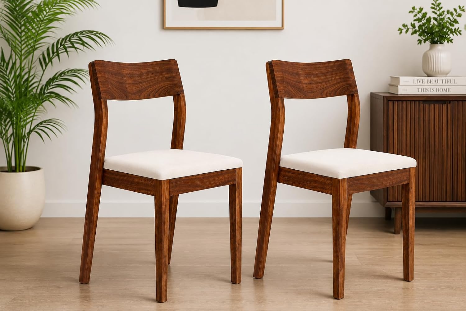 Genuine Decor Set of 2 Rosewood Dining Chairs – Rustic Teak Brown Finish, Solid Wood, No Cushion, Perfect for Dining Room, Living Room, Bedroom (Cushion White)
