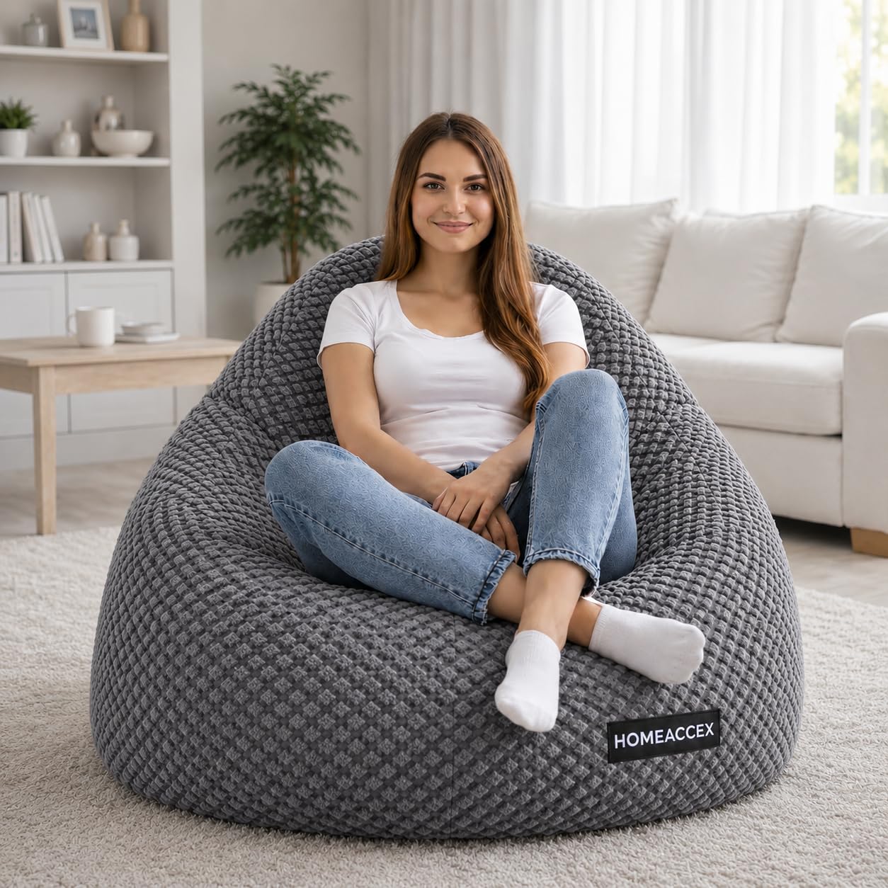 Quilted Velvet Bean Bag with Filled Beans 4XL Bean Bag Chair | Capacity Upto 130Kg Weight | Filled Bean Bag Sofa (Grey4XL)