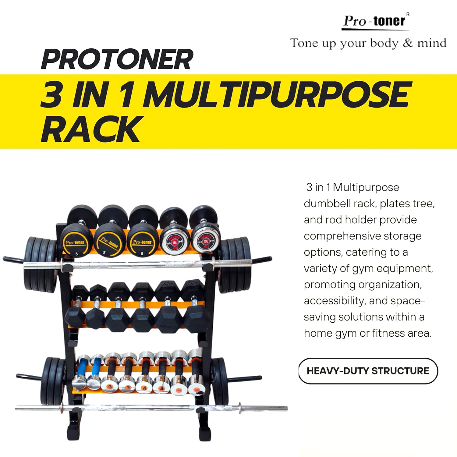 Protoner 3 in 1 dumbbell rack, plate stand and bar holder