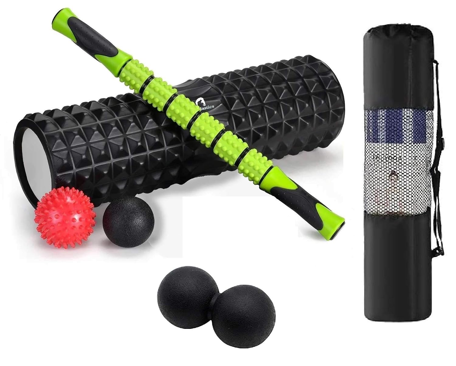 Bodylastics 6-in-1 18″ large Size Foam Roller Kit Includes Massage Stick, 3 Massage Balls & Storage Bag for Pre & Post Workout Sessions, Physical Therapy, Deep Tissue Pain Relief, Myofascial Release