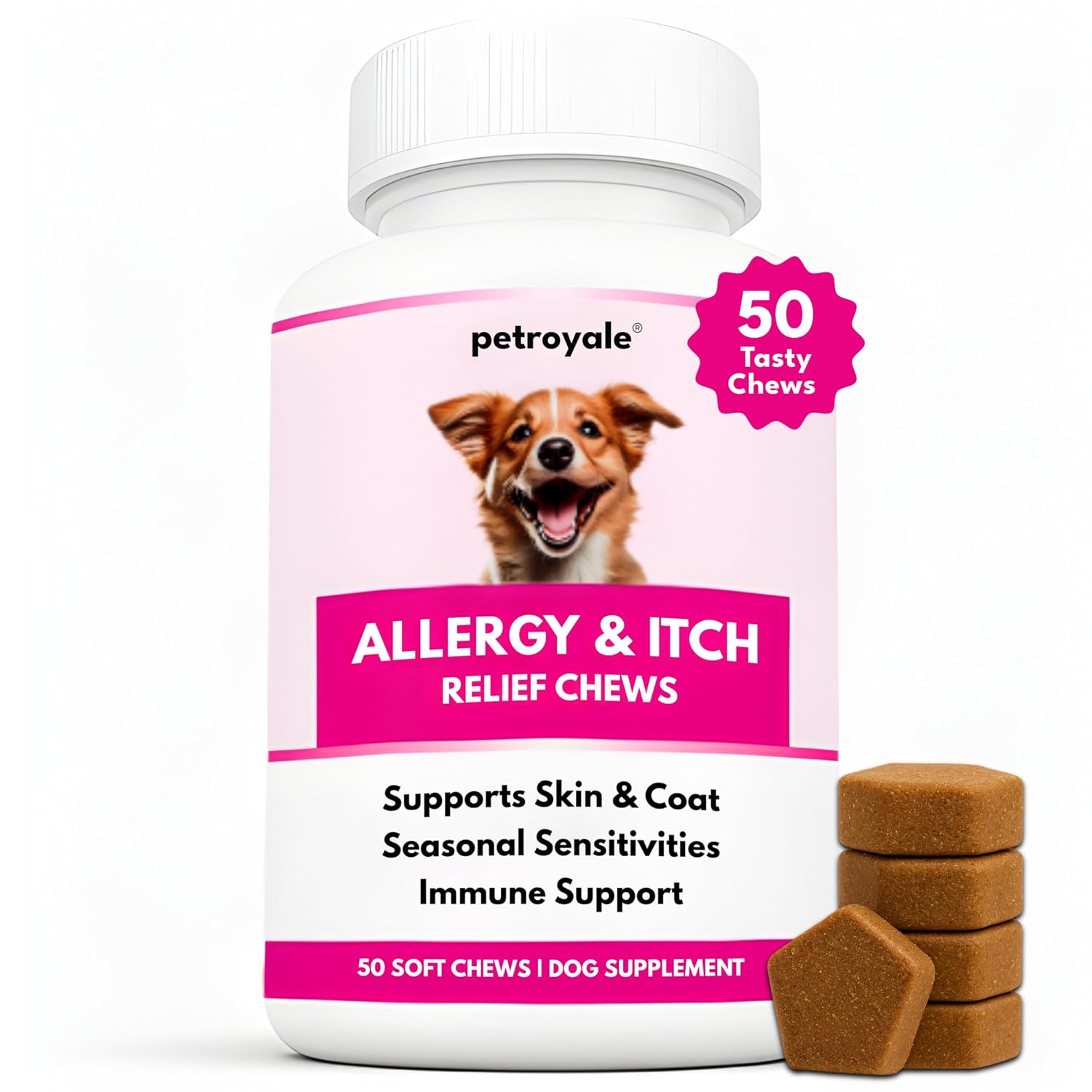 Petroyale Allergy & Itch Chews for Dogs – Anti-Allergy & Anti-itching Supplement – Natural Relief from Allergies, Hot Spots, Dry Skin, Scratching for Dogs – Grape Seed Extract & Rosemary | 50 Chews