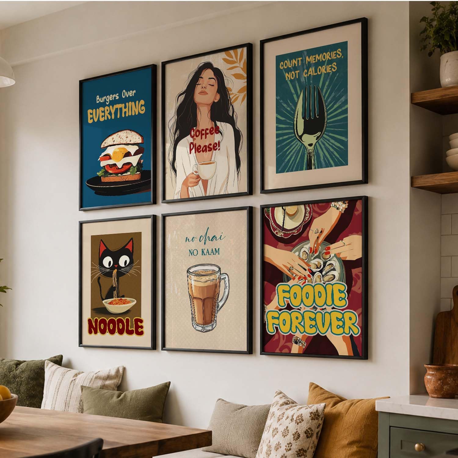 kotart Engineered Wood Retro Theme Cooking Food Kitchen Quotes Wall Poster With Fram Bar Lounge Restaurant Kitchen Decoration Items Café Wall Décor Wall Art Set Of 6 Retro (Art 6 10X13 Inch Framed)