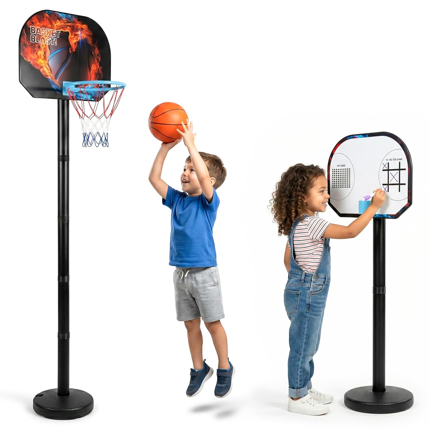 Kidsmate 3-in-1 Basketball Play Set for Kids with Adjustable Basketball Hoop, Tic Tac Toe & Dot Game Board, Basketball Net Stand Indoor Outdoor Toy, Best Gift for Boys & Girls – Multicolor