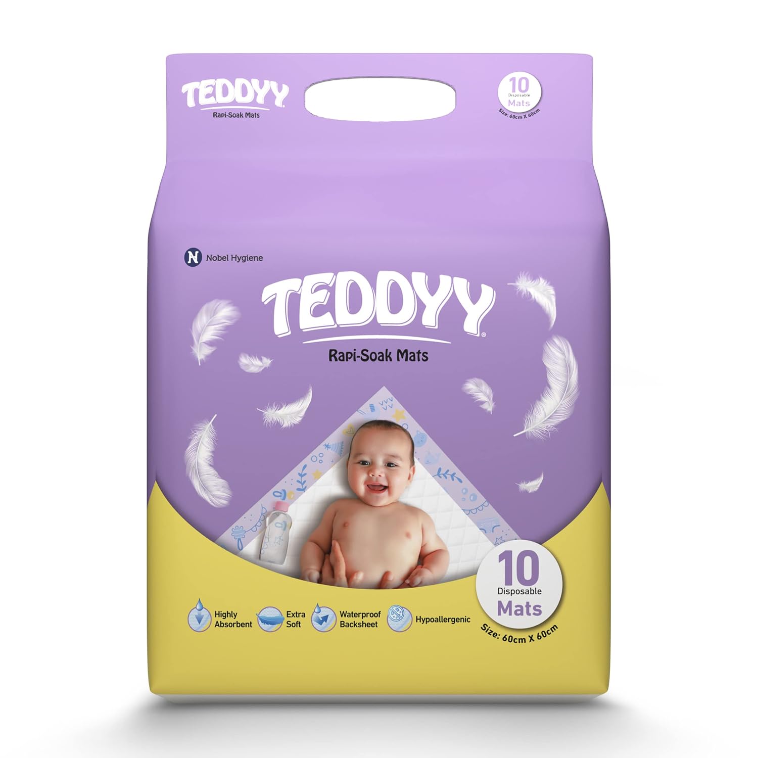 TEDDYY Baby Disposable Rapi-Soak Changing Mats Size - 60 X 60 Cm | 10 Count | Highly Absorbent | Unisex | Anti-Rash | Extra Soft top layer | Anti-Bacterial & Leak- Proof