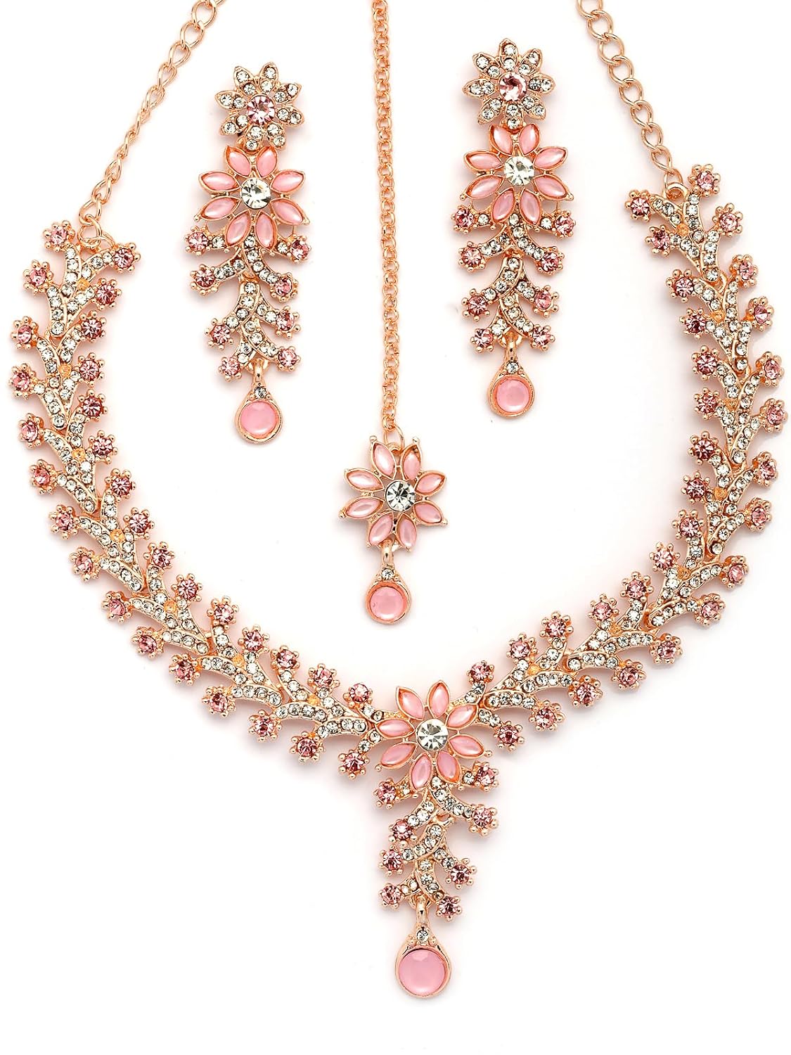 Sukkhi Charming AD Diamonds Studded Floral Choker Necklace with Danlge Earrings Maangtikka Jewellery Set for Women & Girls