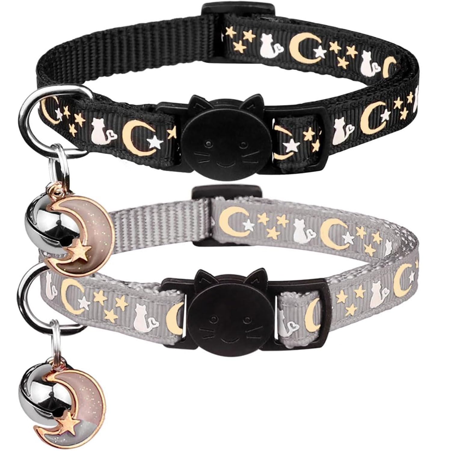 2Pcs Breakaway Cat Collars with Bell Moons Stars Cute Kitty Adjustable Safe Kitten Collars with Pendant (Black & Grey)