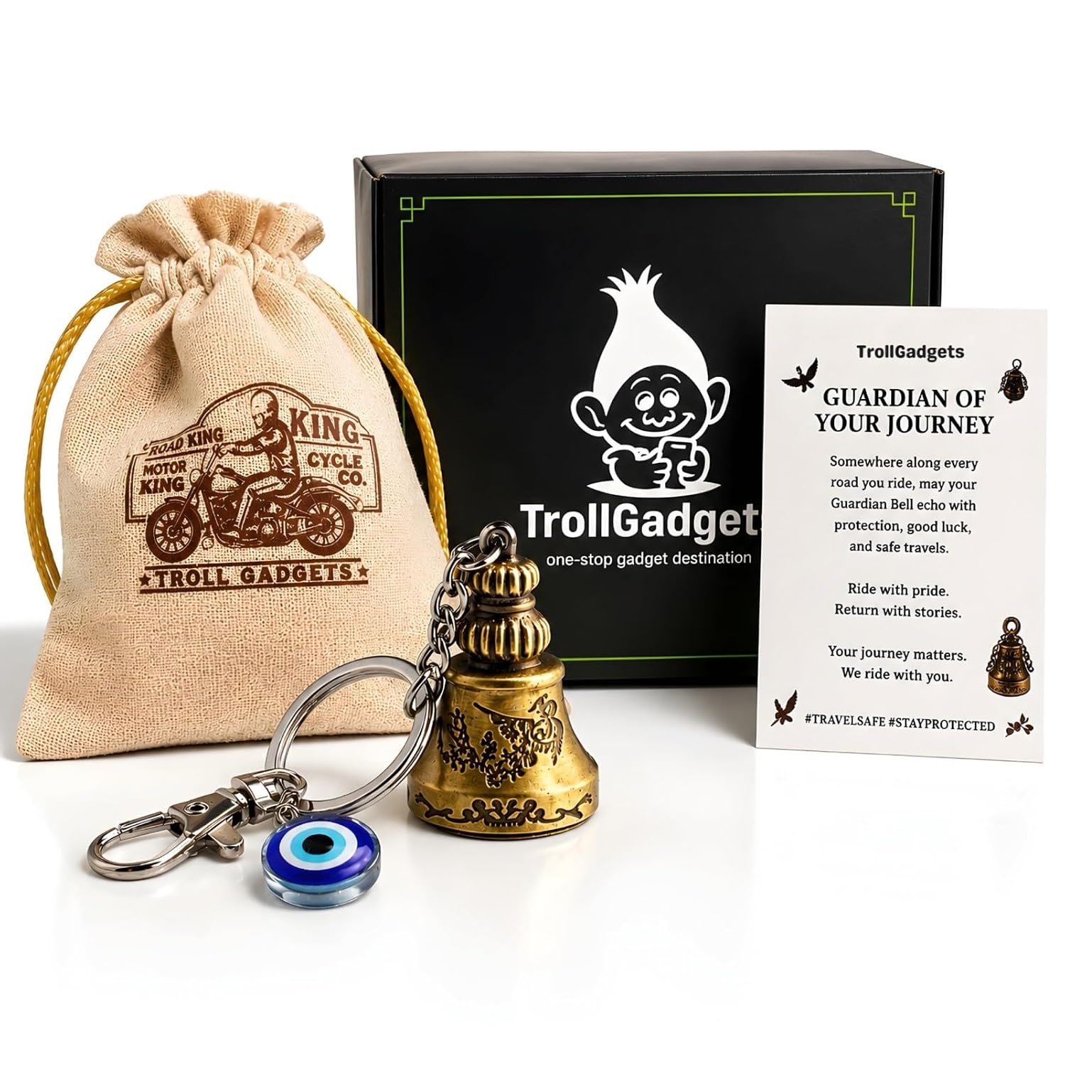 TrollGadgets® Premium Guardian Bell Keychain for Bike & Car | Tibetan Texture Bell Keychain with Evil Eye & Silver Hook | Good Luck Charm with Laser-Engraved Box And Potley