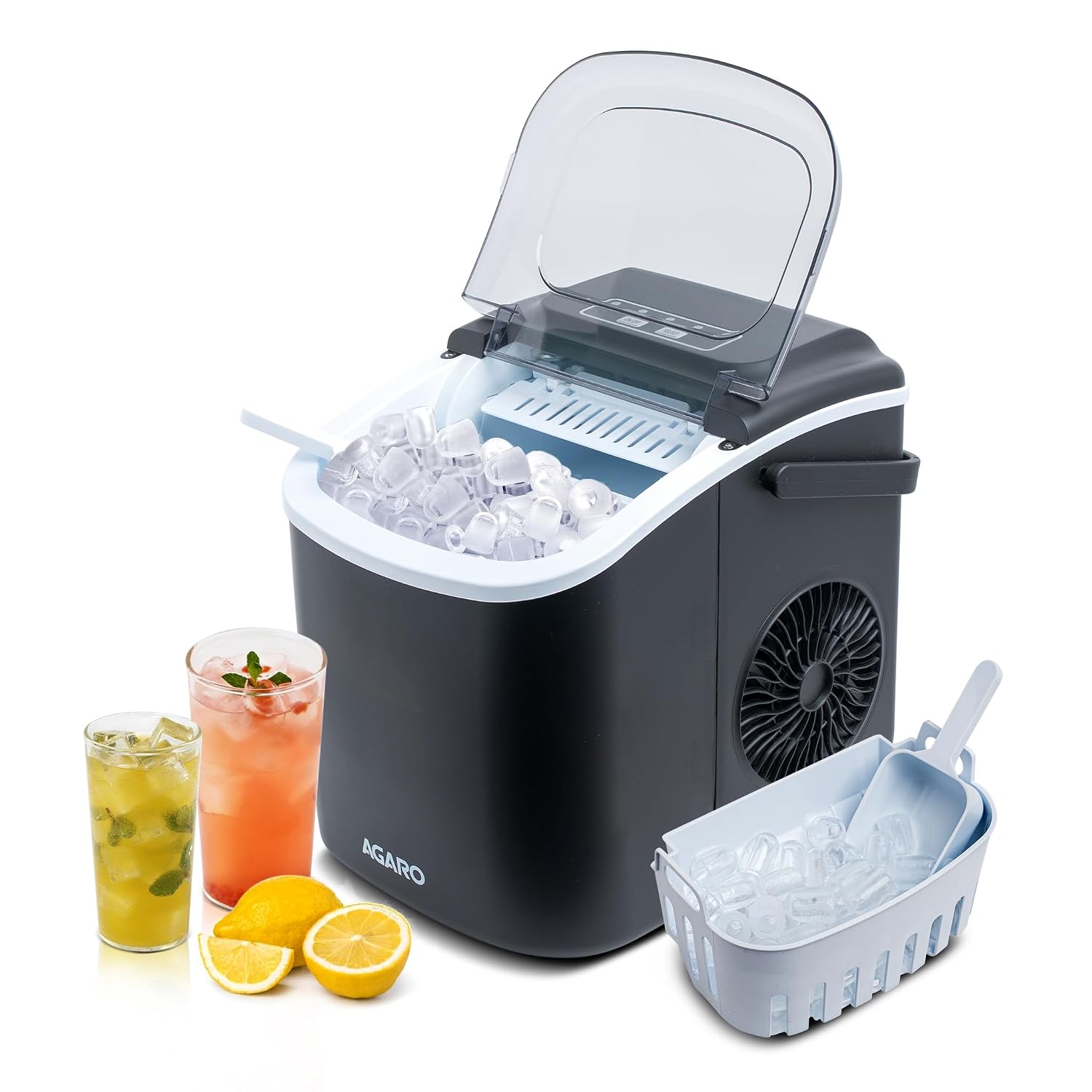 AGARO Marvel Ice Maker 1.2L Countertop Portable Machine, 9 Cubes in 6 Mins, 2 Bullet Ice Sizes, Fast Ice Making for Home Kitchen, Office, Parties, Self-Cleaning with Handle (Black)