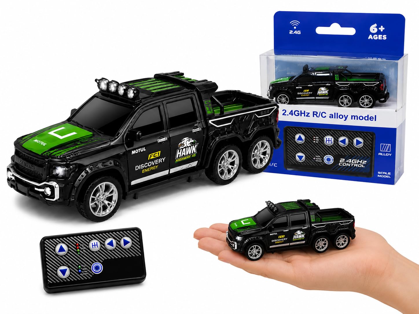 Mini RC Pickup Truck, 1:64 Scale Alloy Die-Cast Remote Control Car, Rechargeable 2.4GHz Remote Control Truck, 6-Wheel Off Road Toy Pickup Truck, USB Charging, Gift for Kids Boys Girls Age 6+, TradARS