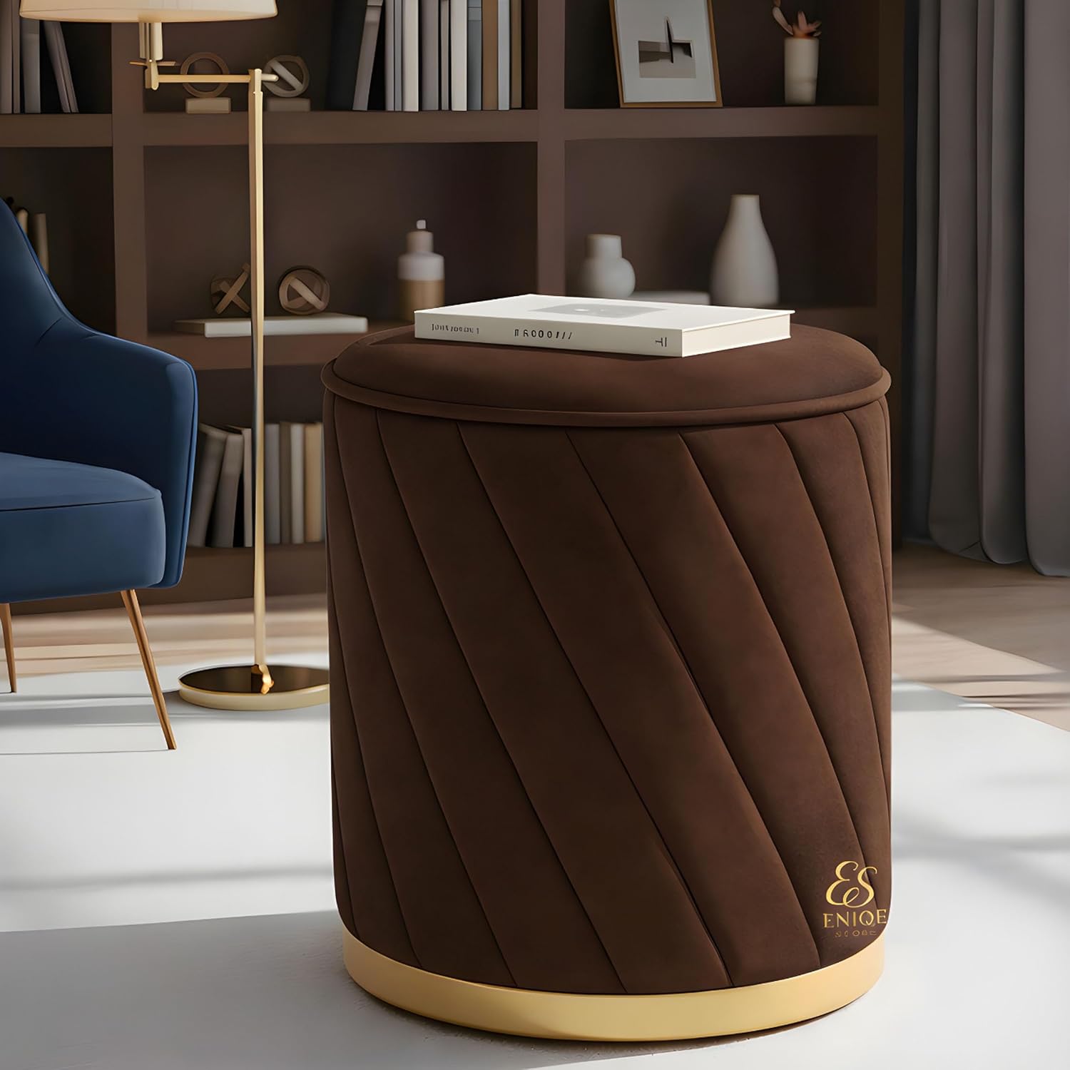 Luxury Round Velvet Ottoman Stool with Gold Base – Modern Upholstered Footrest Pouffe, Tufted Vanity Seat, Living Room Bedroom Dressing Stool (Brown)