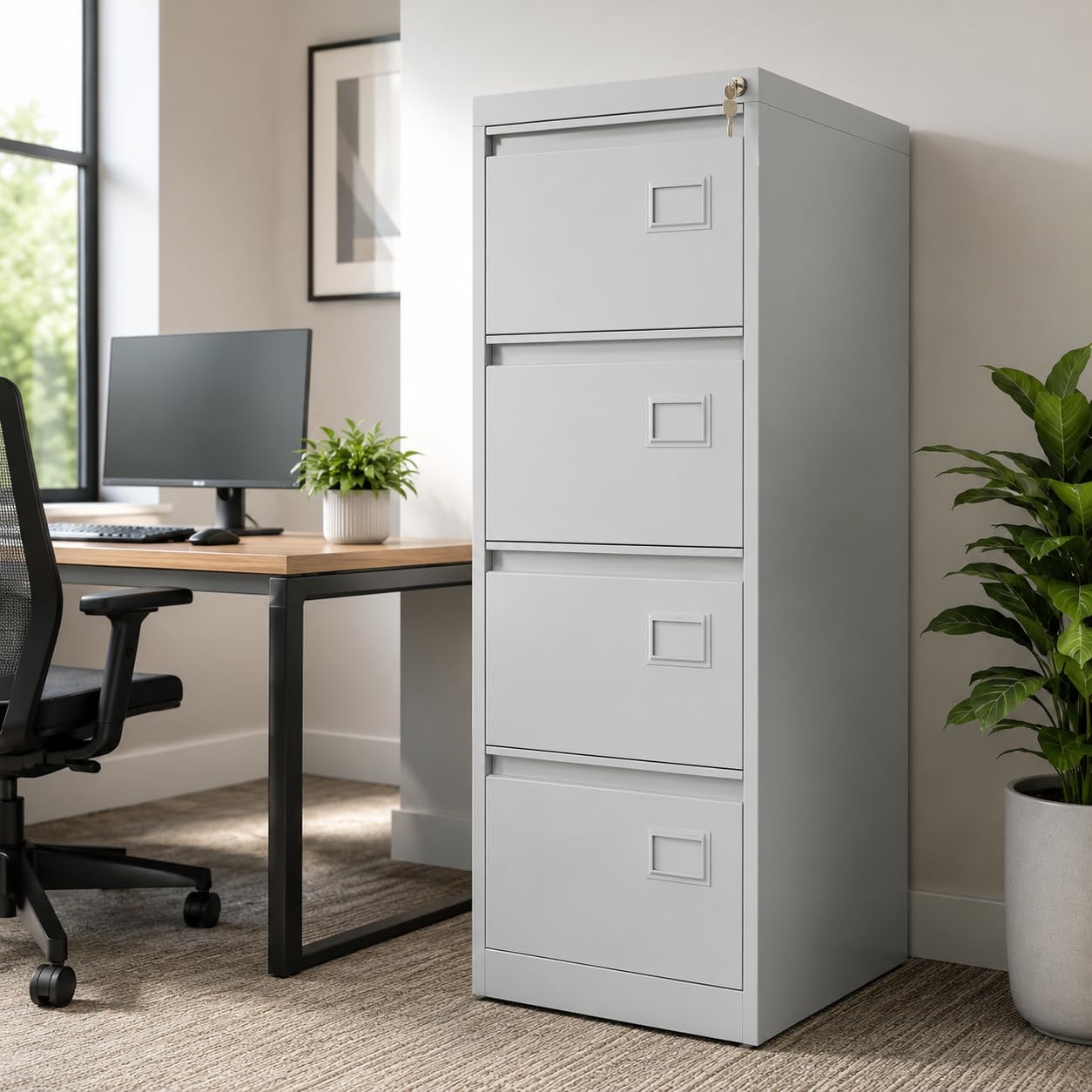 Shubham Furnitures 4 Drawer Powder Coated Steel Filing Cabinet for Office & Home | Lockable Legal & Letter Size File Storage Organizer | Anti Tilt Heavy Duty Metal Document Cabinet Light Grey