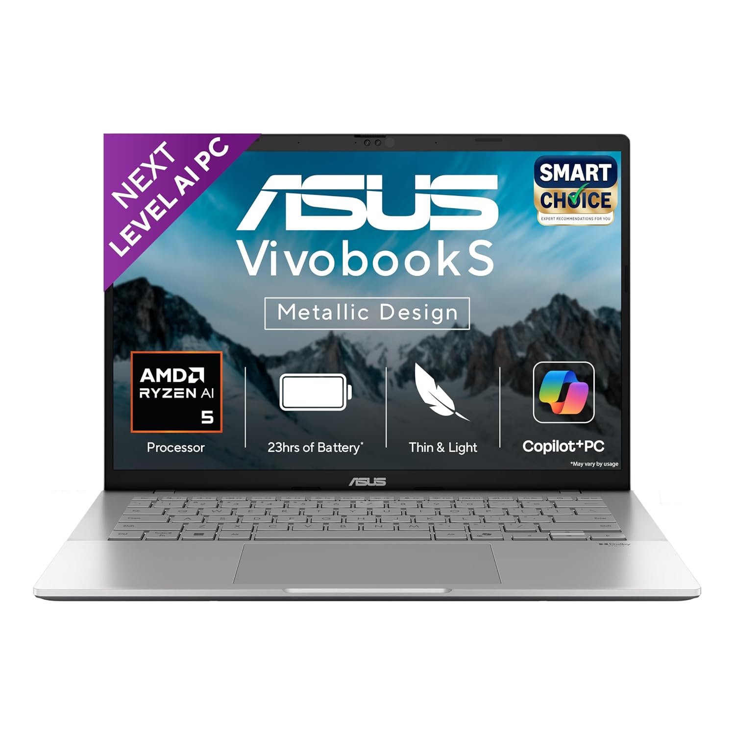 ASUS Vivobook S14,Smartchoice,AMD Ryzen AI 5 330,16GB/512GB (Upgradeable),OLED,14″,Win11,Office24,M365 Basic (1Y),Silver,1.4Kg,M3407KA-SF2501WS,50 Tops,Metallic Design,Next-Gen AI Laptop,Copilot+