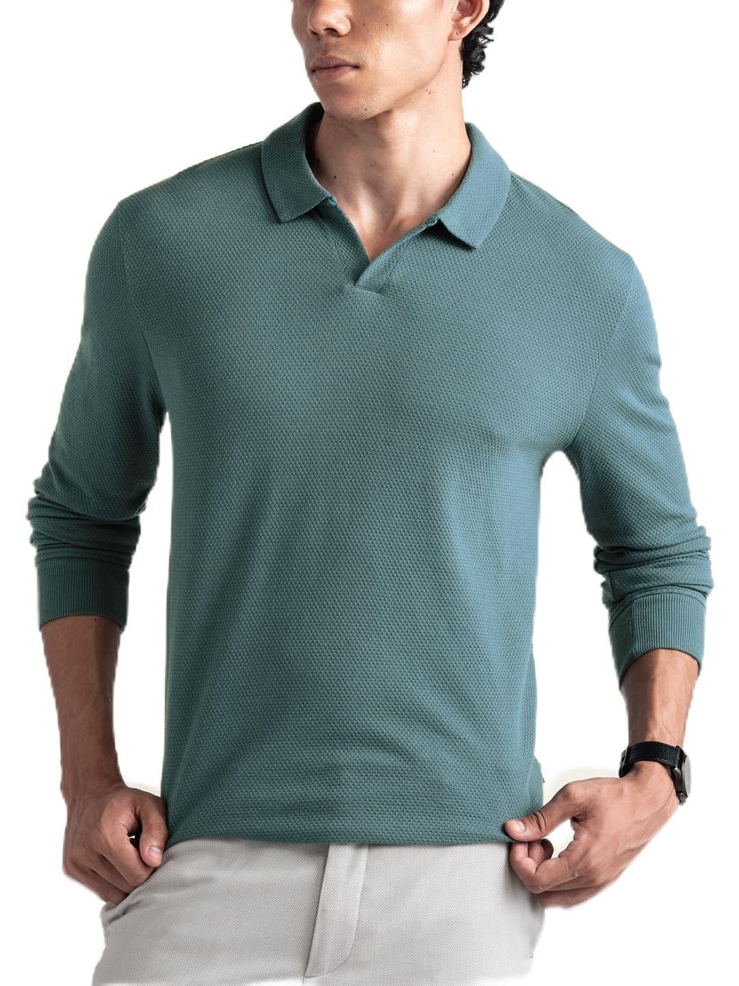 DAMENSCH Statement Popcorn Johnny Collar Full Sleeve Polo with Premium Cotton Blend, Popcorn Texture, Colours by High-IQ Dyes Heavy Weight Fabric T-Shirt for Men