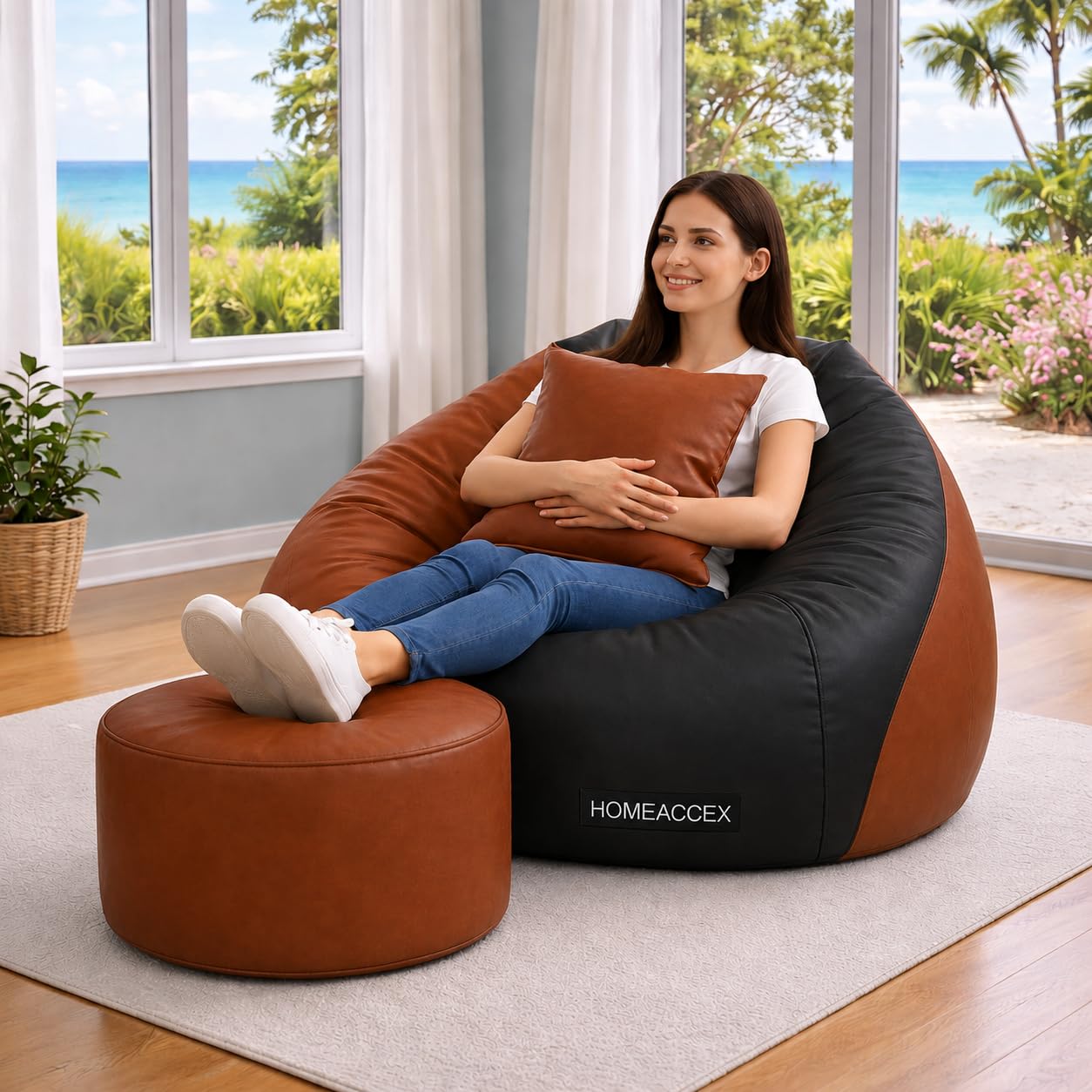4XL Rexin Leather Filled Bean Bag with Cushion Footstool Jumbo Bean Bag with Filled Beans, Capacity Upto 130 Kg Weight, Black & Brown